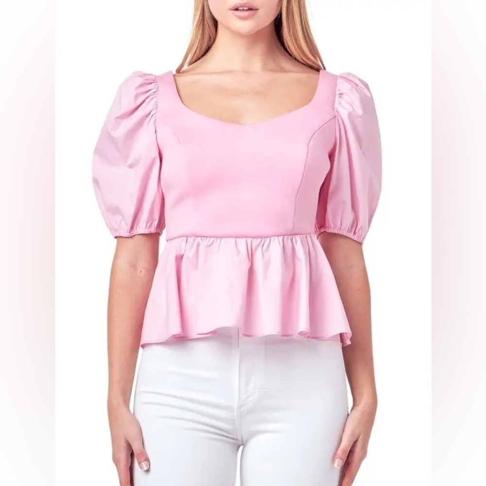 English Factory Puff Sleeve Peplum Mixed Media Top in Pink - size small